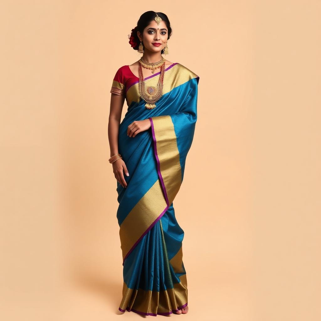 Peacock blue Kanchipuram silk saree with gold zari border