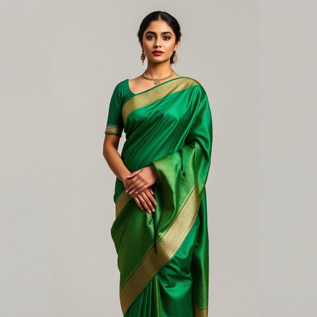 Emerald green pure silk saree with woven gold border